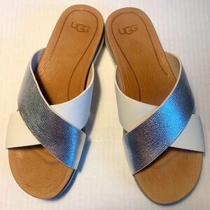 UGG Women's Silver & White Leather X Strap Kari Slide Sandals WOMENS Sz 7